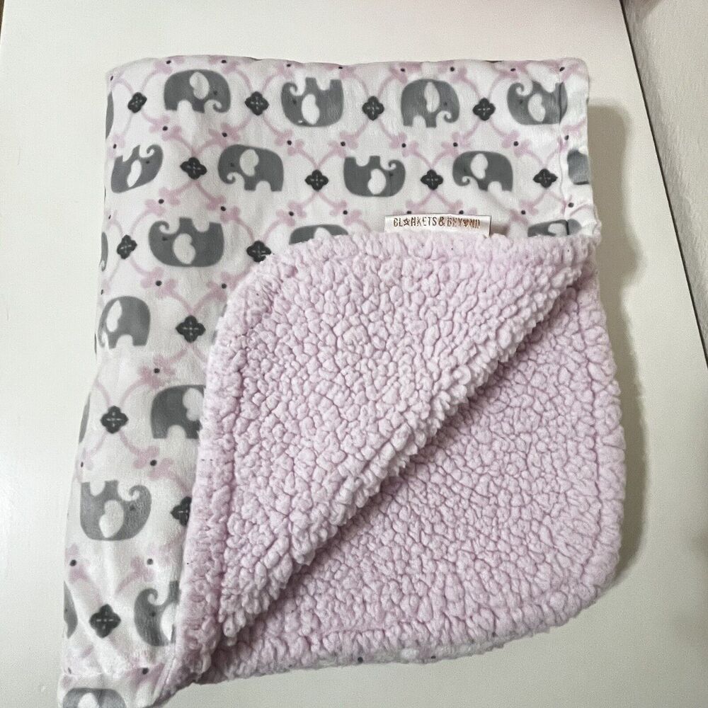 Blankets & Beyond Pink Gray Elephant Security Blanket Lovey Sherpa Back Lovie